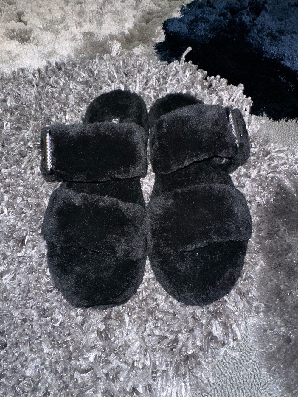 UGG Black Fuzzy Faux Fur Slingback Sandals Oversized Buckle
